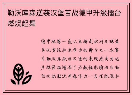 勒沃库森逆袭汉堡苦战德甲升级擂台燃烧起舞